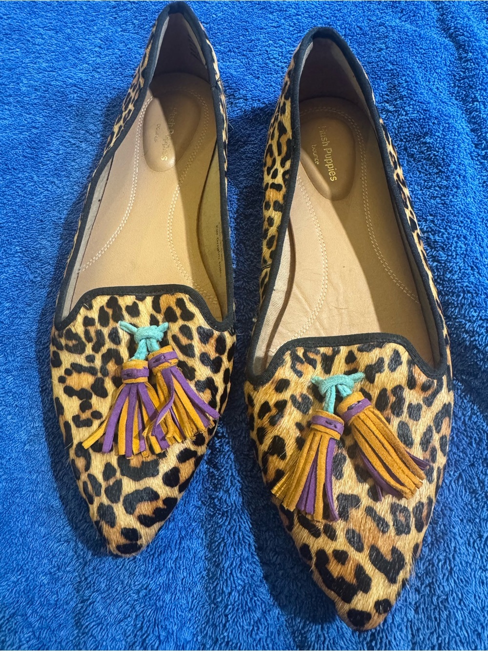 Hush Puppies Calf Hair Leopard MulticolorTassel Pointed Flats - like new.